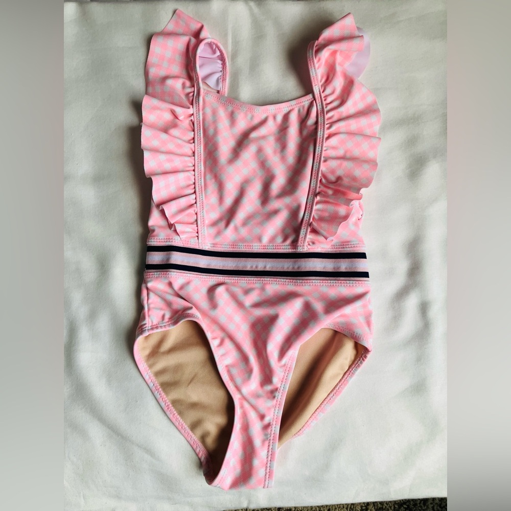 SHADE CRITTERS Pink Ruffle One-Piece Swimsuit with Striped Waistband (NWT)